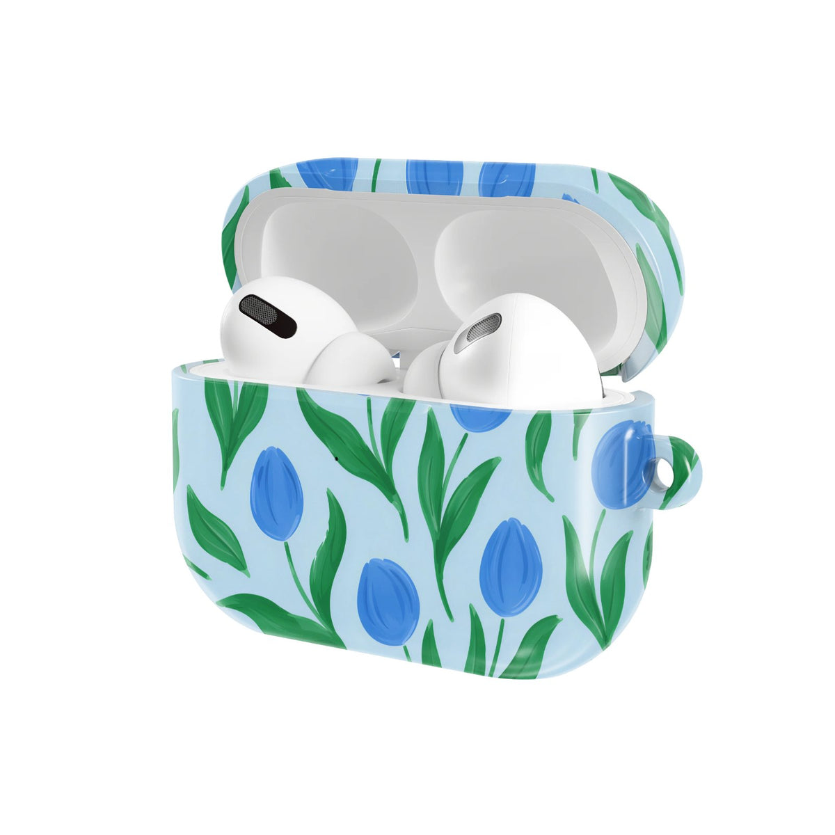 Painted Tulip AirPods case — hard-shell earbuds cover, open angled view
