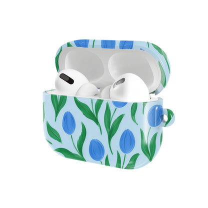 Painted Tulip AirPods case — hard-shell earbuds cover, open angled view