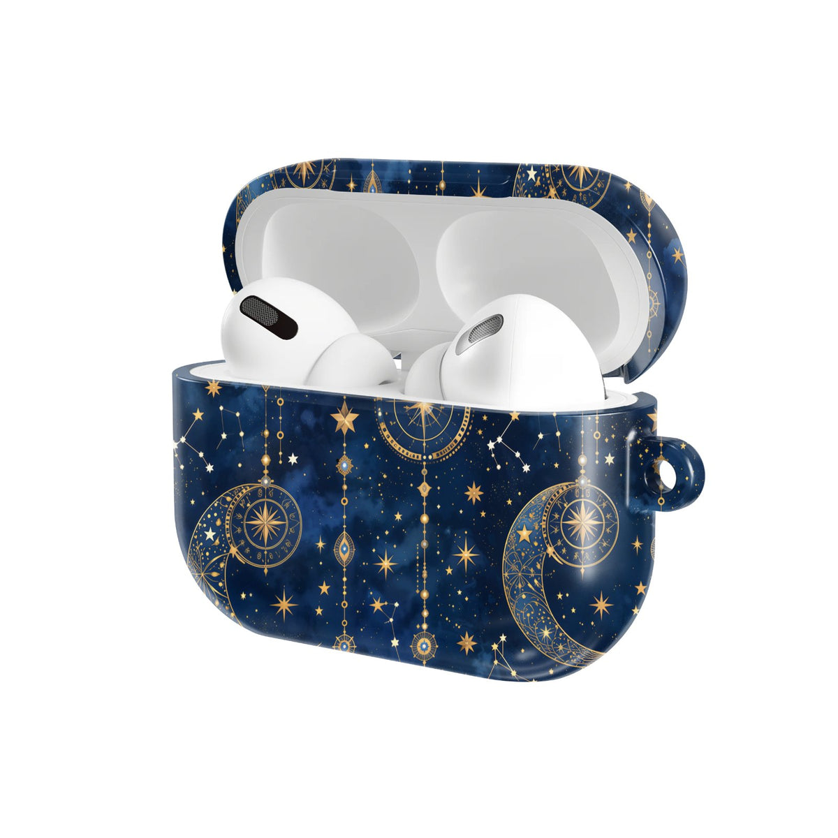 Celestial Tarot AirPods case — hard-shell earbuds cover, open angled view