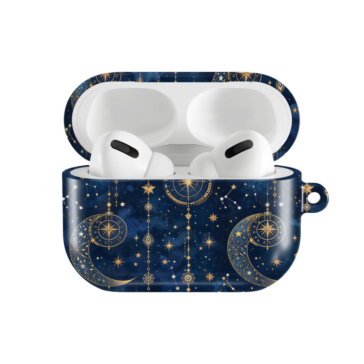 Celestial Tarot AirPods case — hard-shell earbuds cover, open front view