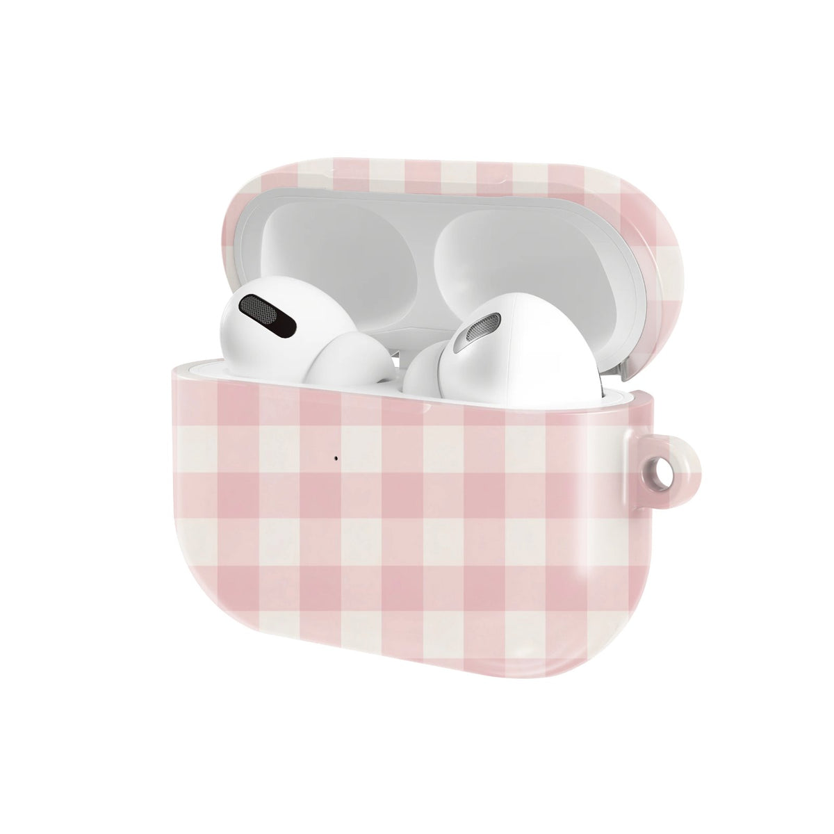Pink Cottage Gingham AirPods case — hard-shell earbuds cover, open angled view