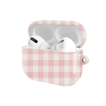 Pink Cottage Gingham AirPods case — hard-shell earbuds cover, open angled view