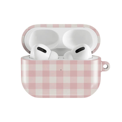 Pink Cottage Gingham AirPods case — hard-shell earbuds cover, open front view
