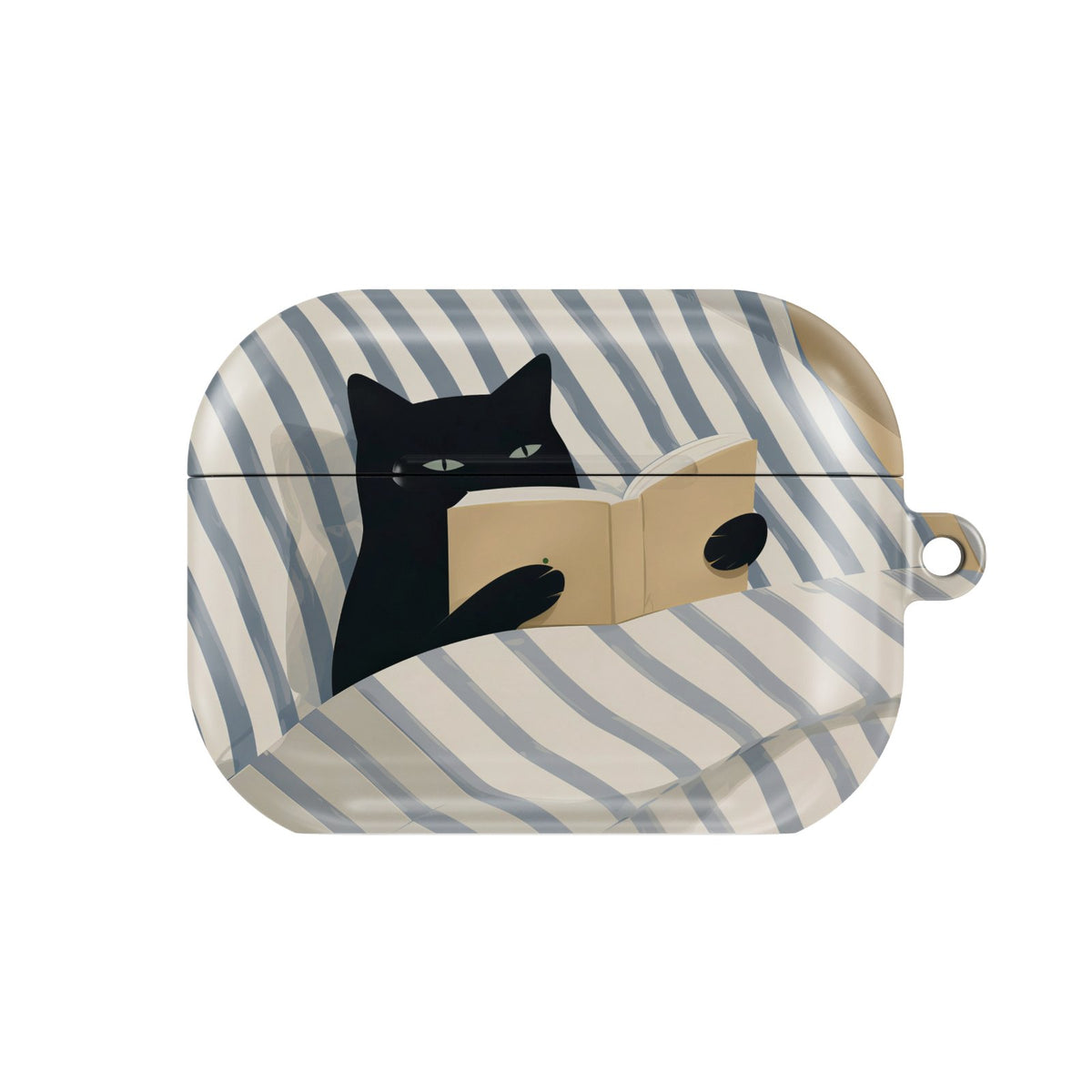 Reading Cat in Bed AirPods case — hard-shell earbuds cover, closed front view
