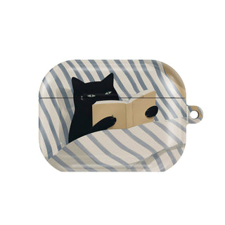 Reading Cat in Bed AirPods case — hard-shell earbuds cover, closed front view