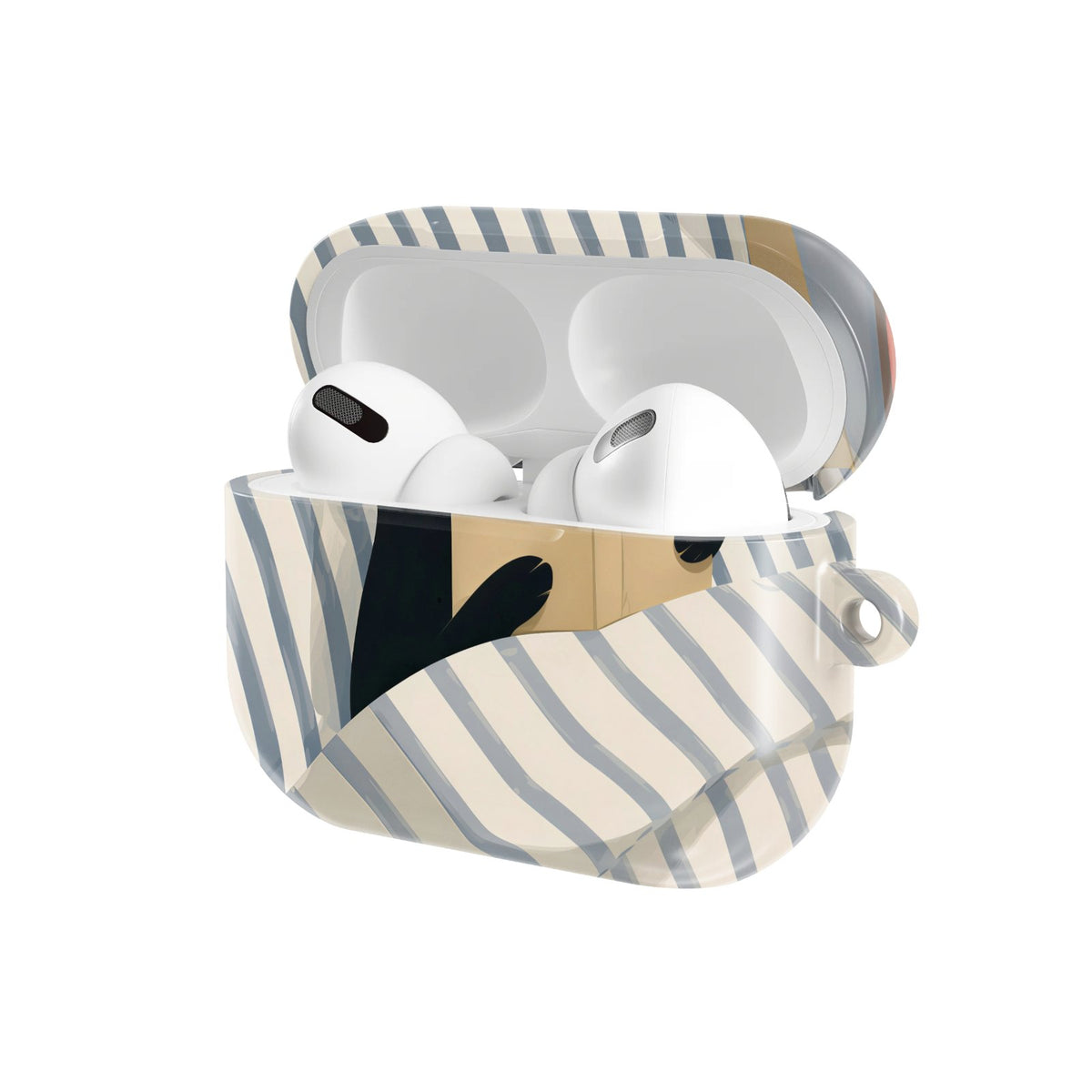 Reading Cat in Bed AirPods case — hard-shell earbuds cover, open angled view