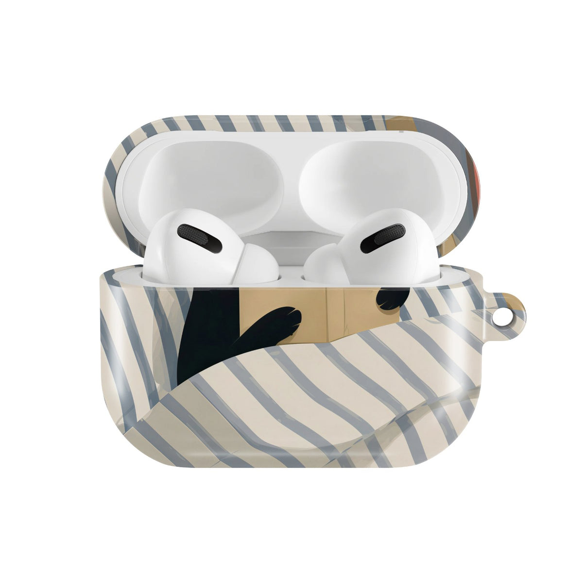 Reading Cat in Bed AirPods case — hard-shell earbuds cover, open front view