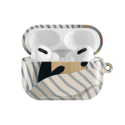 Reading Cat in Bed AirPods case — hard-shell earbuds cover, open front view