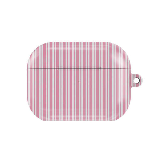 Pink Candy Stripe AirPods case — hard-shell earbuds cover, closed front view