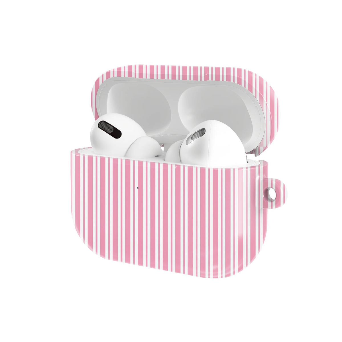 Pink Candy Stripe AirPods case — hard-shell earbuds cover, open angled view