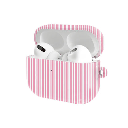Pink Candy Stripe AirPods case — hard-shell earbuds cover, open angled view