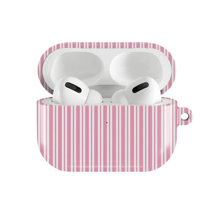 Pink Candy Stripe AirPods case — hard-shell earbuds cover, open front view