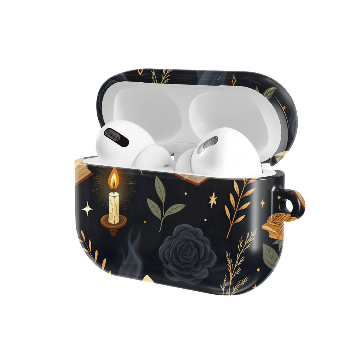 Witchy Academia AirPods case — hard-shell earbuds cover, open angled view