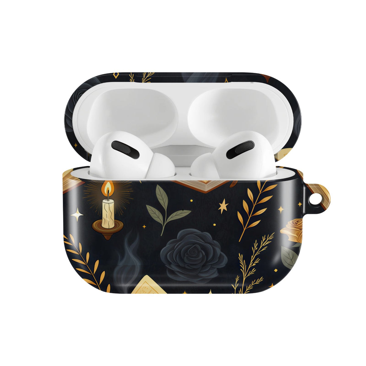 Witchy Academia AirPods case — hard-shell earbuds cover, open front view
