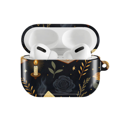 Witchy Academia AirPods case — hard-shell earbuds cover, open front view