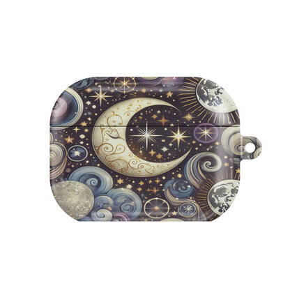 Ornate Crescent Moon AirPods case — hard-shell earbuds cover, closed front view