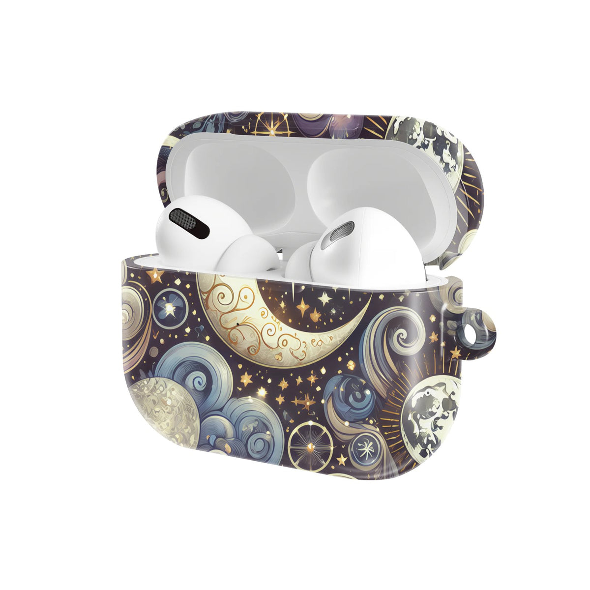Ornate Crescent Moon AirPods case — hard-shell earbuds cover, open angled view