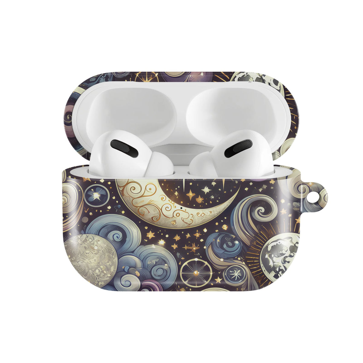 Ornate Crescent Moon AirPods case — hard-shell earbuds cover, open front view