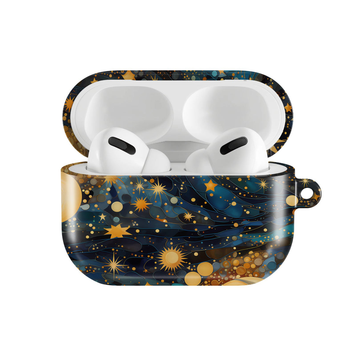 Gilded Cosmos AirPods case — hard-shell earbuds cover, open front view