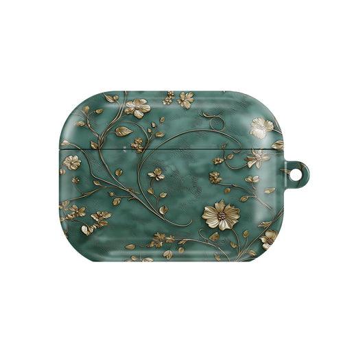 Antique Gold Blossom AirPods case — hard-shell earbuds cover, closed front view