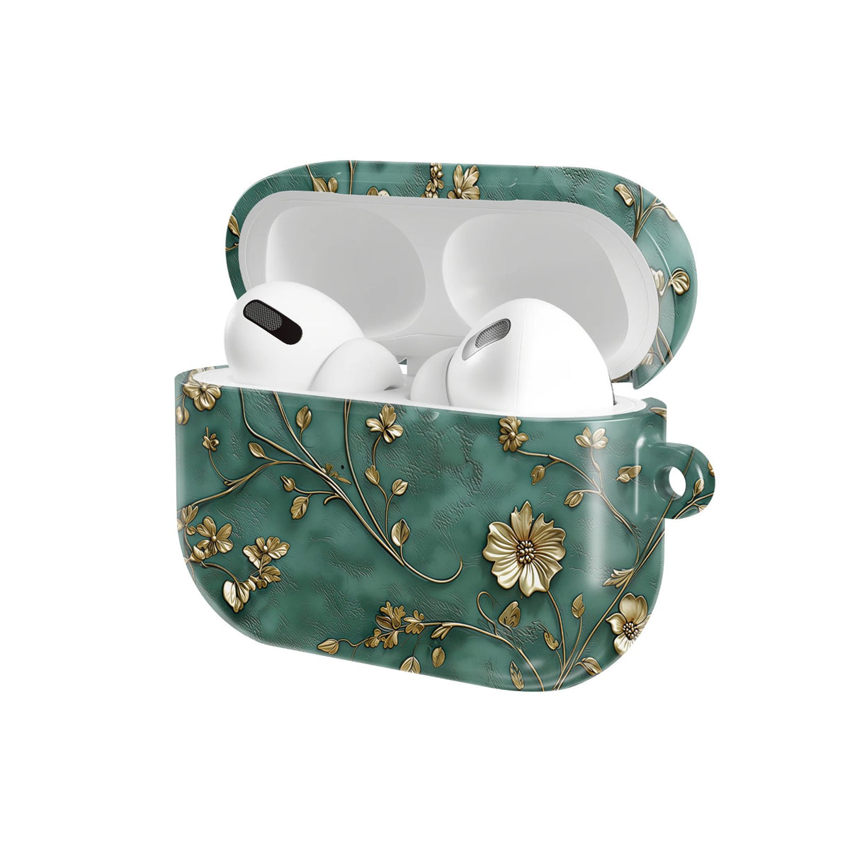 Antique Gold Blossom AirPods case — hard-shell earbuds cover, open angled view