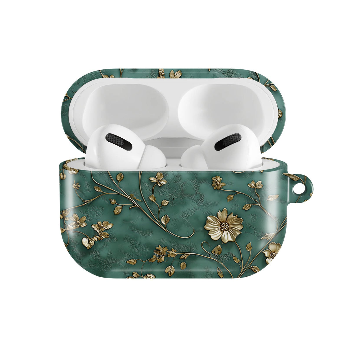 Antique Gold Blossom AirPods case — hard-shell earbuds cover, open front view
