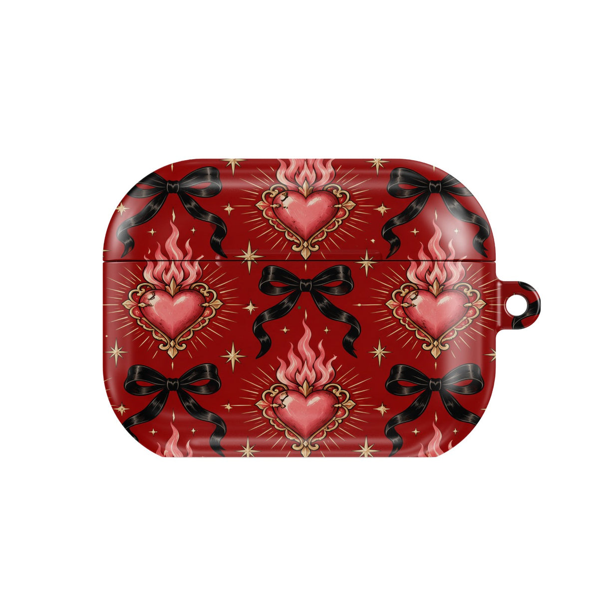 Burning Hearts & Bows AirPods case — hard-shell earbuds cover, closed front view