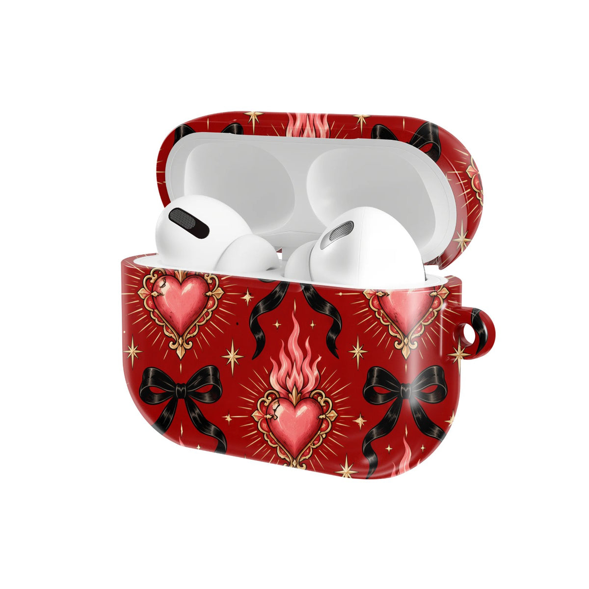 Burning Hearts & Bows AirPods case — hard-shell earbuds cover, open angled view