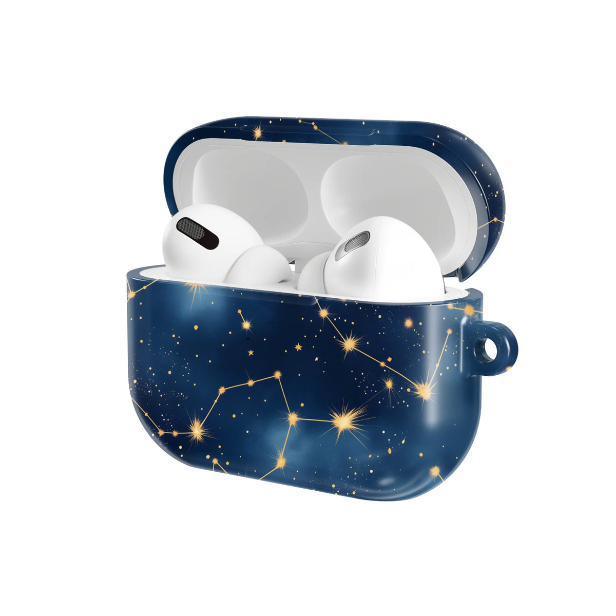 Celestial Constellations AirPods case — hard-shell earbuds cover, open angled view
