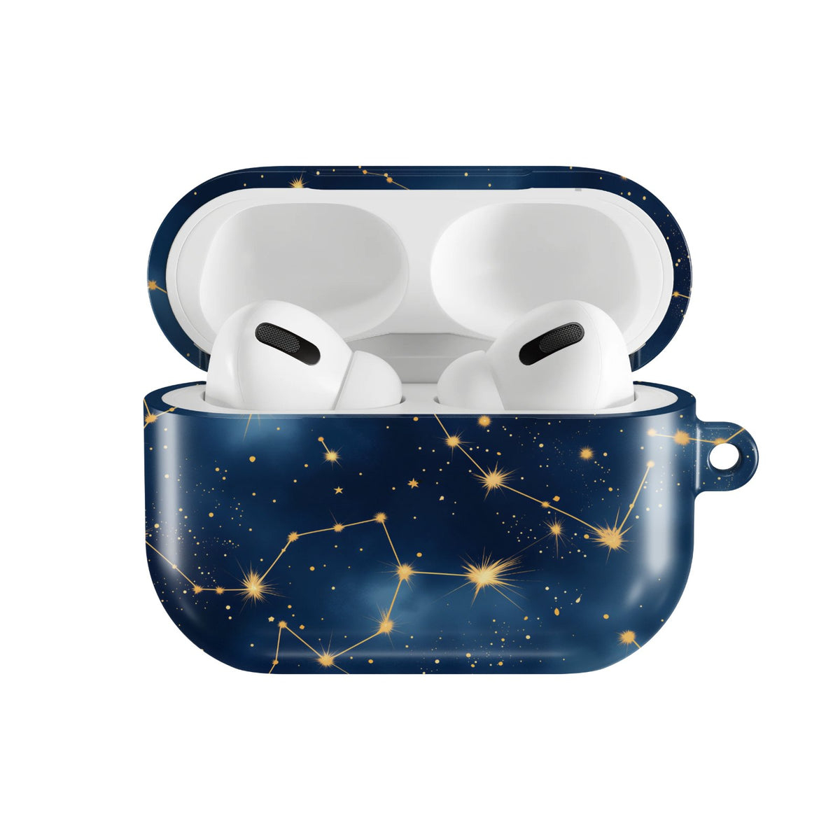 Celestial Constellations AirPods case — hard-shell earbuds cover, open front view