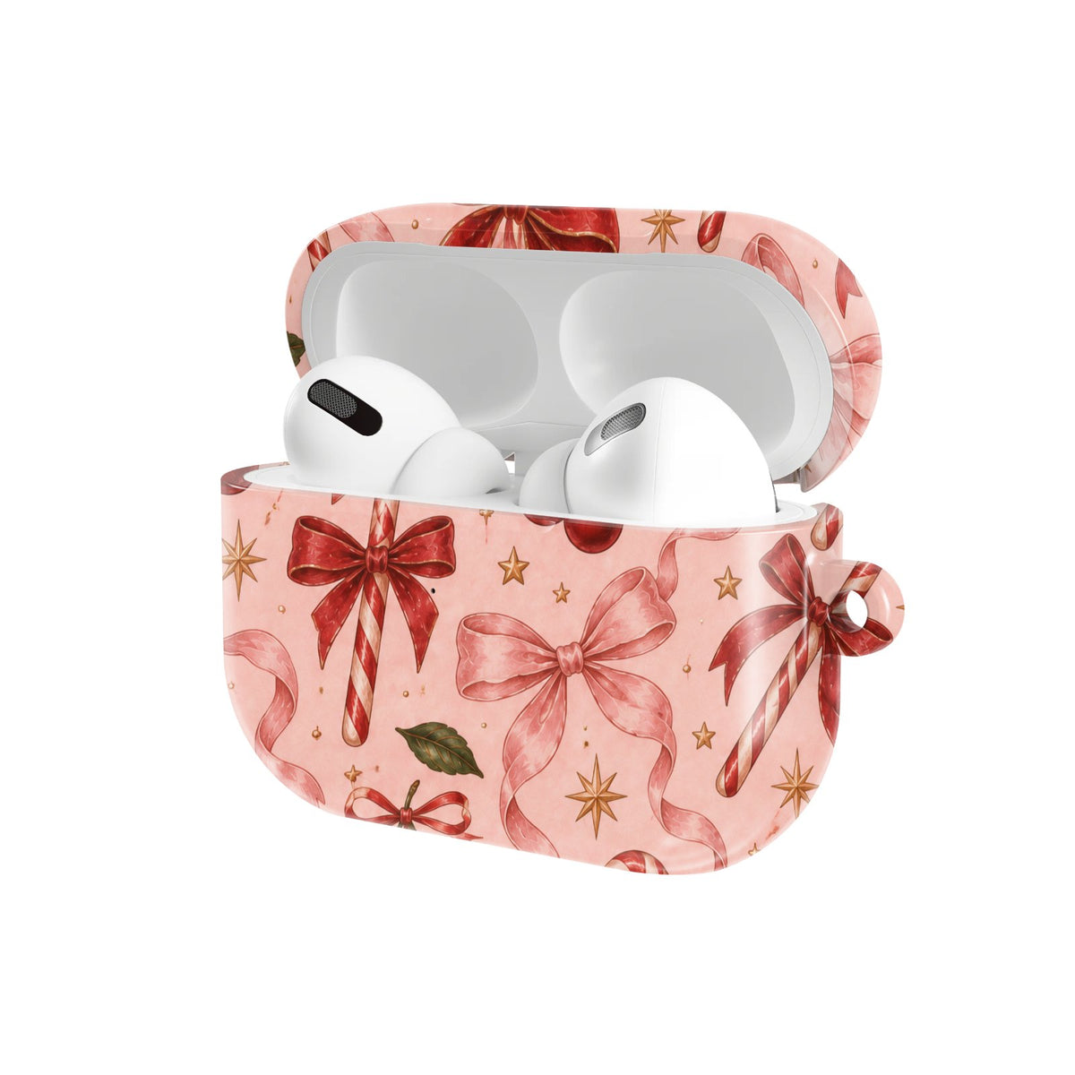 Candy Canes & Cherries AirPods case — hard-shell earbuds cover, open angled view