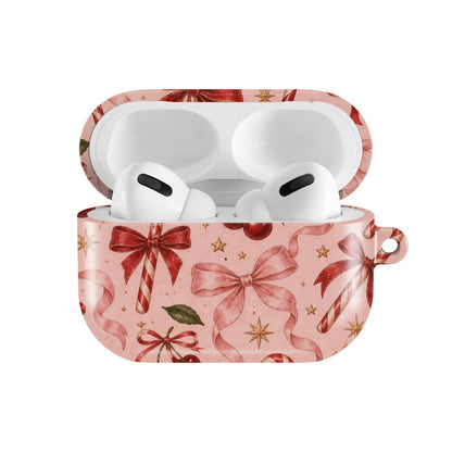 Candy Canes & Cherries AirPods case — hard-shell earbuds cover, open front view