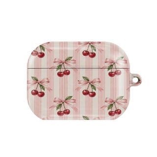 Cherry Bow Stripe AirPods case — hard-shell earbuds cover, closed front view