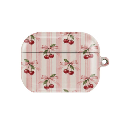 Cherry Bow Stripe AirPods case — hard-shell earbuds cover, closed front view