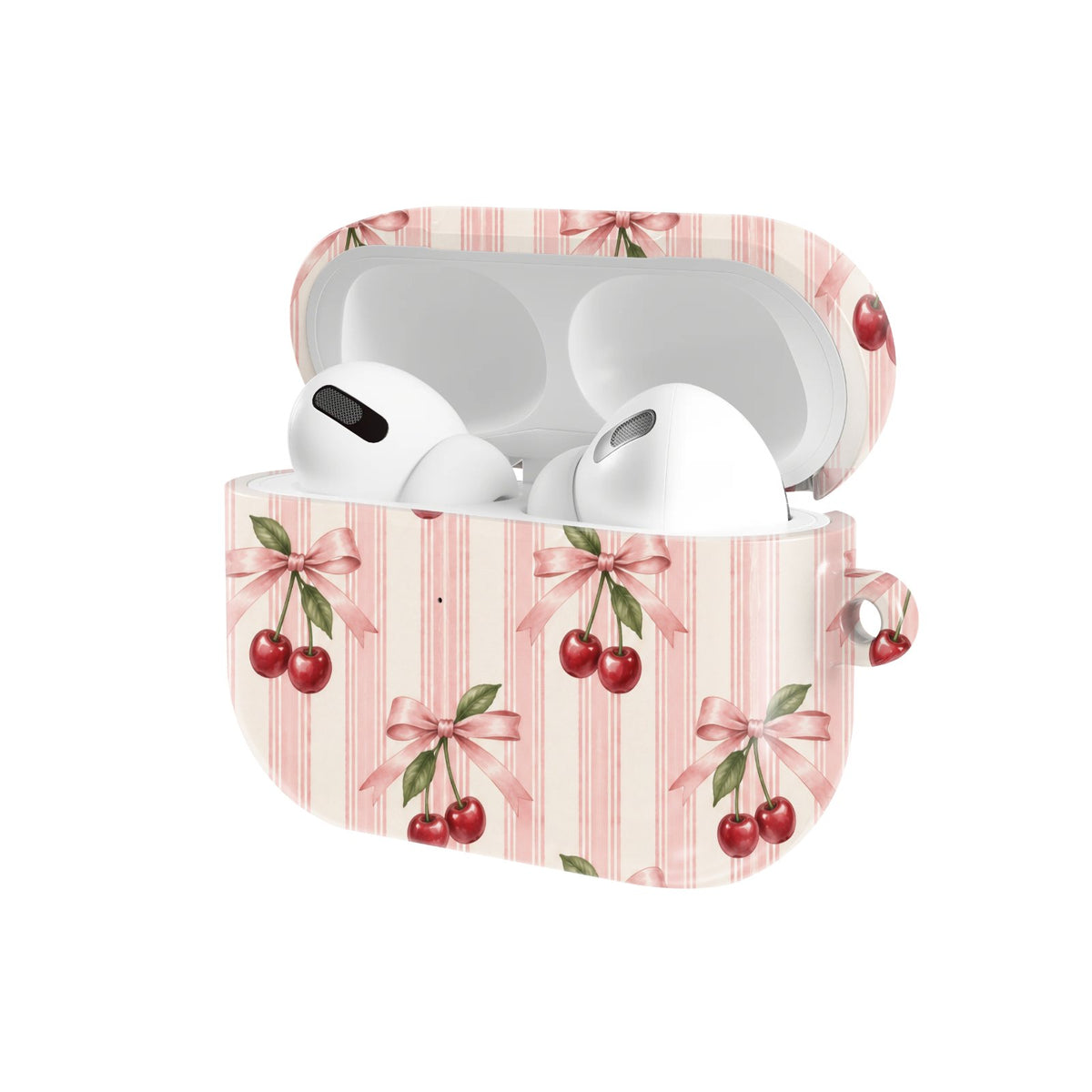 Cherry Bow Stripe AirPods case — hard-shell earbuds cover, open angled view