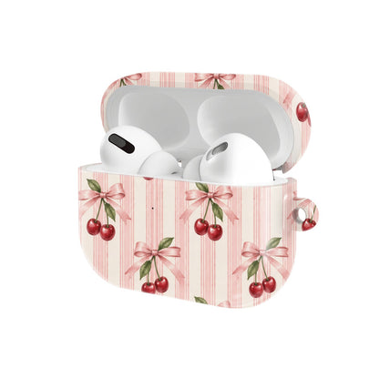 Cherry Bow Stripe AirPods case — hard-shell earbuds cover, open angled view