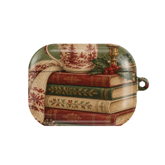 Christmas Book Stack AirPods case — hard-shell earbuds cover, closed front view