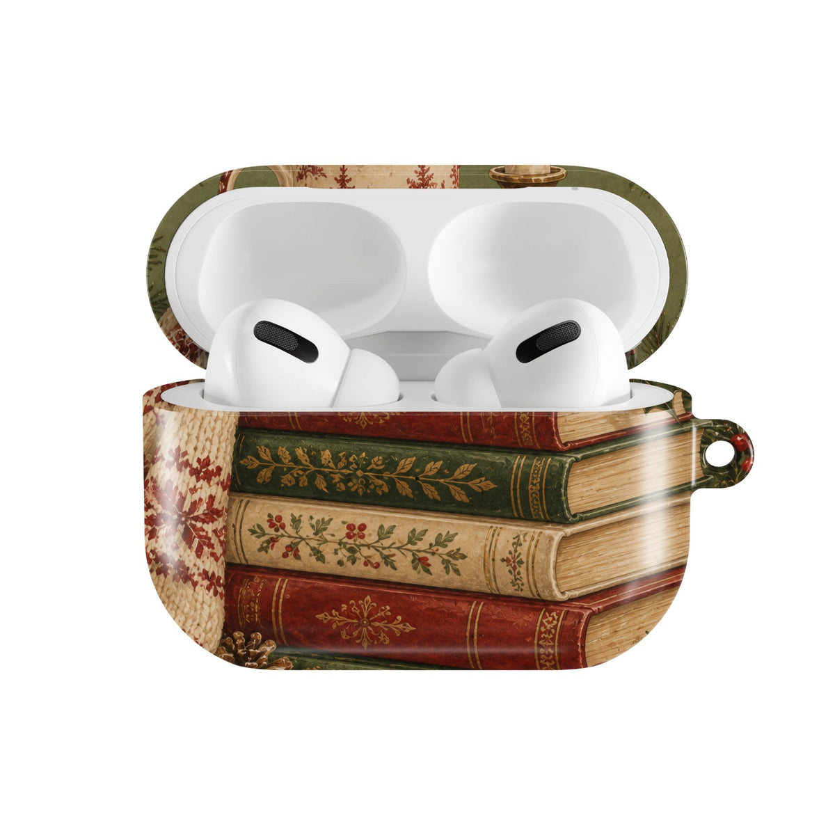 Christmas Book Stack AirPods case — hard-shell earbuds cover, open front view
