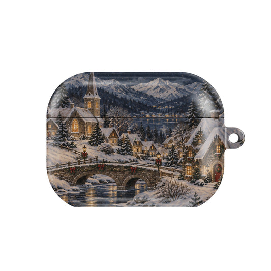 Christmas Village AirPods case — hard-shell earbuds cover, closed front view