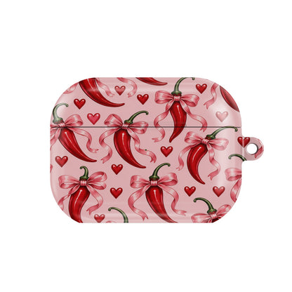 Chili Peppers & Bows AirPods case — hard-shell earbuds cover, closed front view