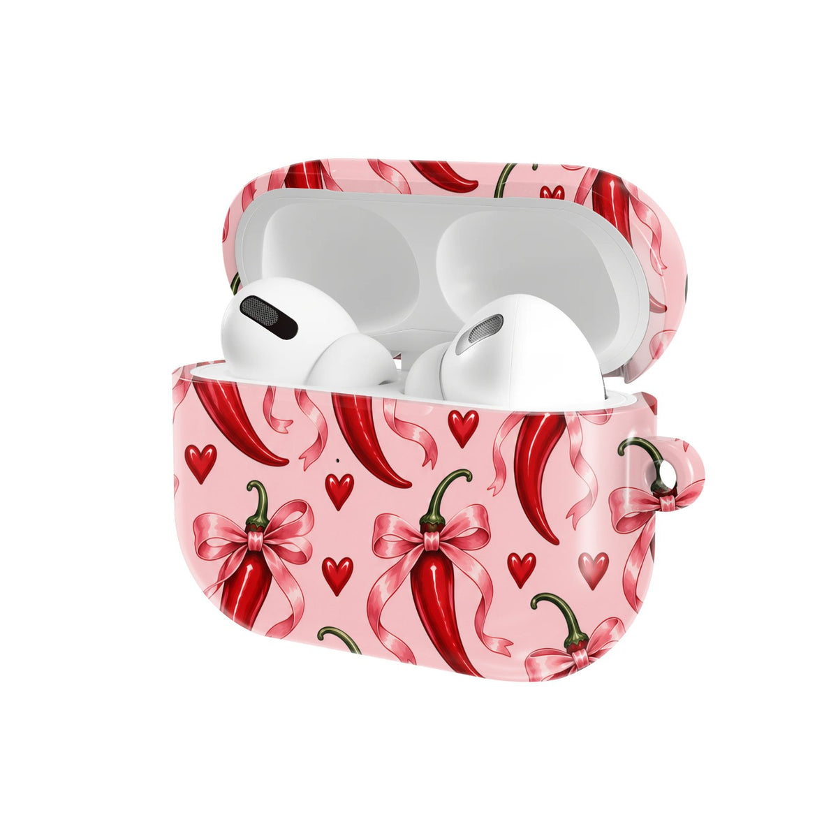 Chili Peppers & Bows AirPods case — hard-shell earbuds cover, open angled view