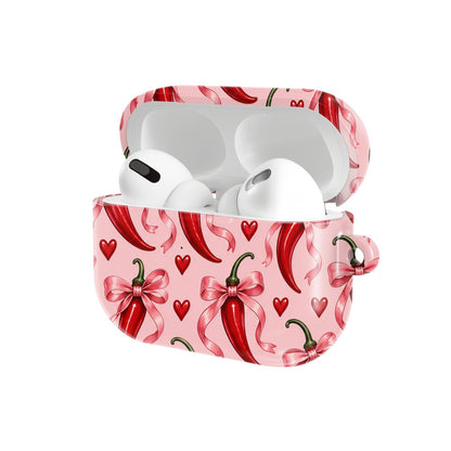 Chili Peppers & Bows AirPods case — hard-shell earbuds cover, open angled view