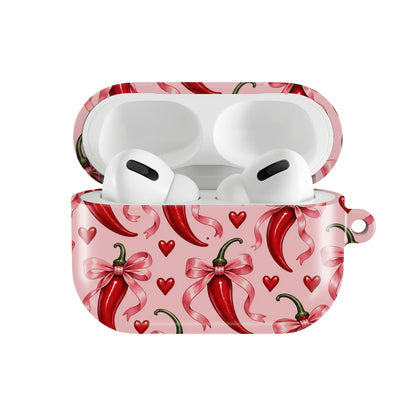 Chili Peppers & Bows AirPods case — hard-shell earbuds cover, open front view