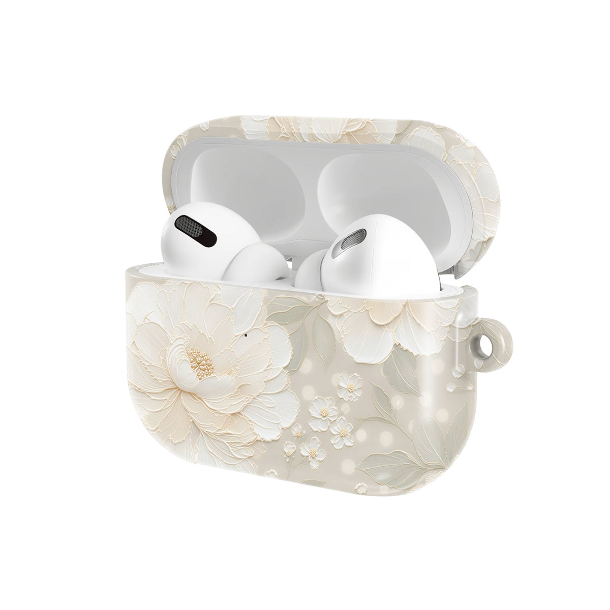 Cream Peony AirPods case — hard-shell earbuds cover, open angled view