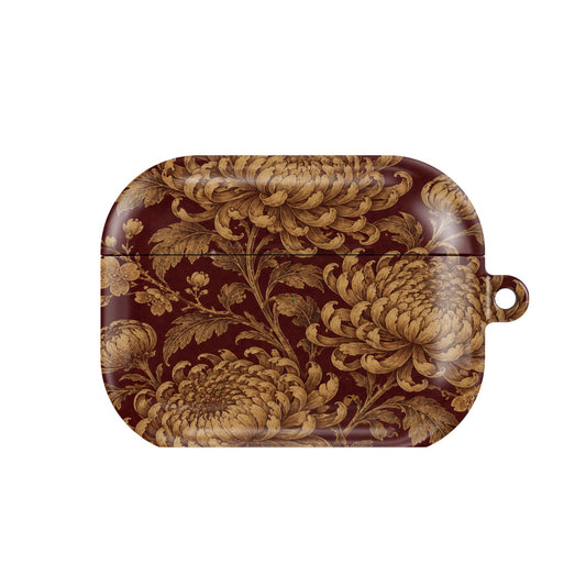 Gilded Chrysanthemum AirPods case — hard-shell earbuds cover, closed front view