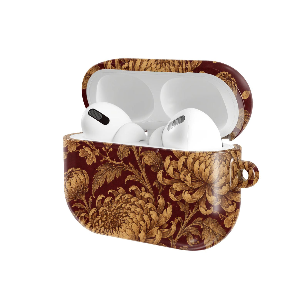 Gilded Chrysanthemum AirPods case — hard-shell earbuds cover, open angled view