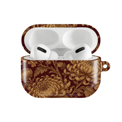 Gilded Chrysanthemum AirPods case — hard-shell earbuds cover, open front view