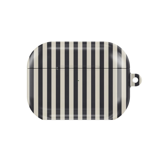 Black & Cream Stripe AirPods case — hard-shell earbuds cover, closed front view