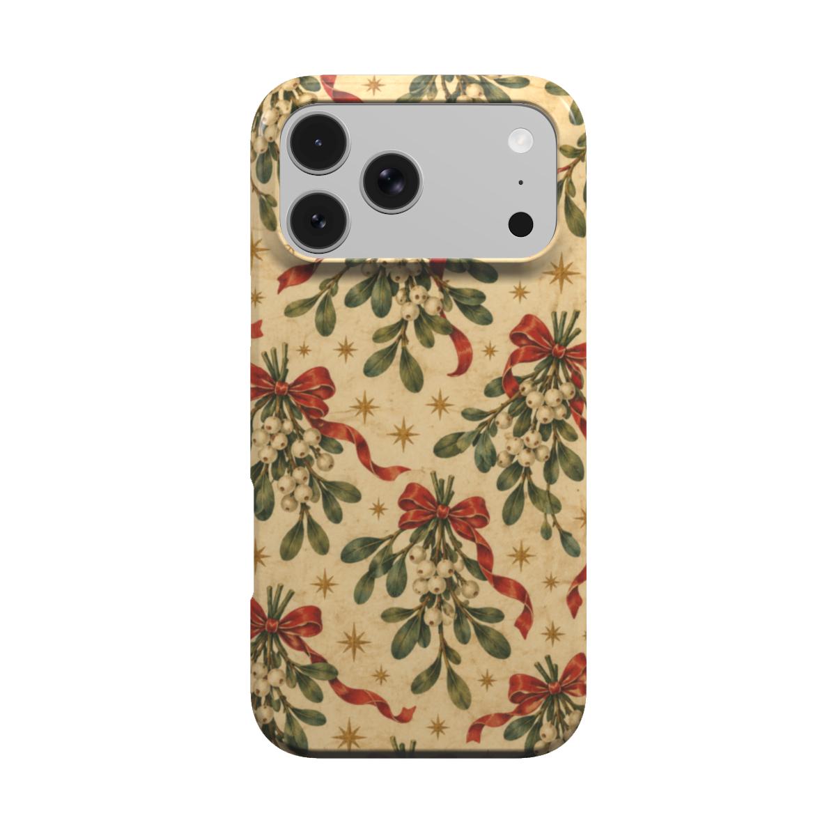 Mistletoe & Ribbons phone case — mistletoe sprigs tied with red ribbon bows on aged cream, MagSafe iPhone case, front view