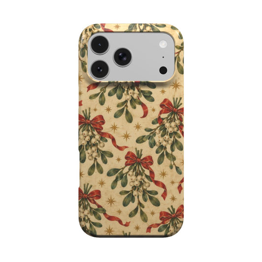 Mistletoe & Ribbons phone case — mistletoe sprigs tied with red ribbon bows on aged cream, MagSafe iPhone case, front view